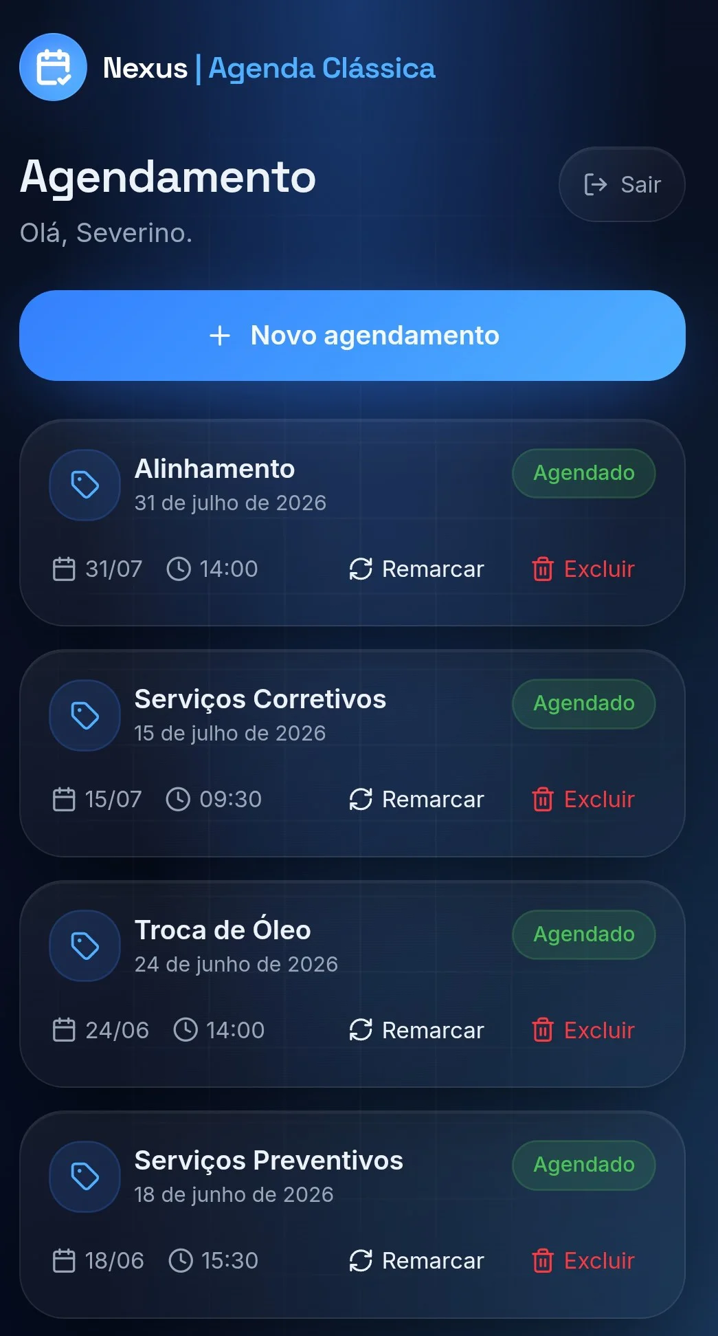Calendário mensal de agendamentos da Agenda Nexus